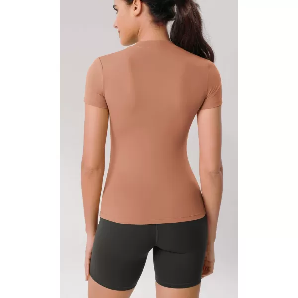 ODODOS Cloud Feeling Short Sleeve Tee for Women Mock Neck Summer Basic TShirts Yoga TopsBrown