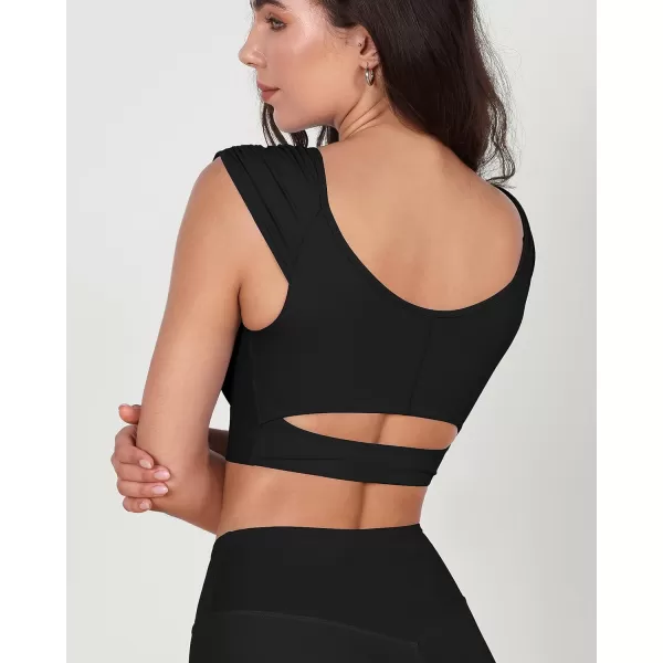 ODODOS Ruched Front Crop Tank for Women VNeck Cut Out Back Cap Sleeve Cropped TopsBlack