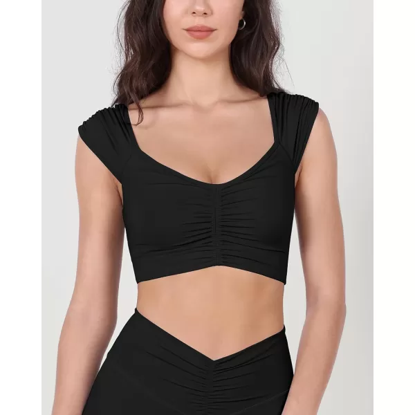 ODODOS Ruched Front Crop Tank for Women VNeck Cut Out Back Cap Sleeve Cropped TopsBlack