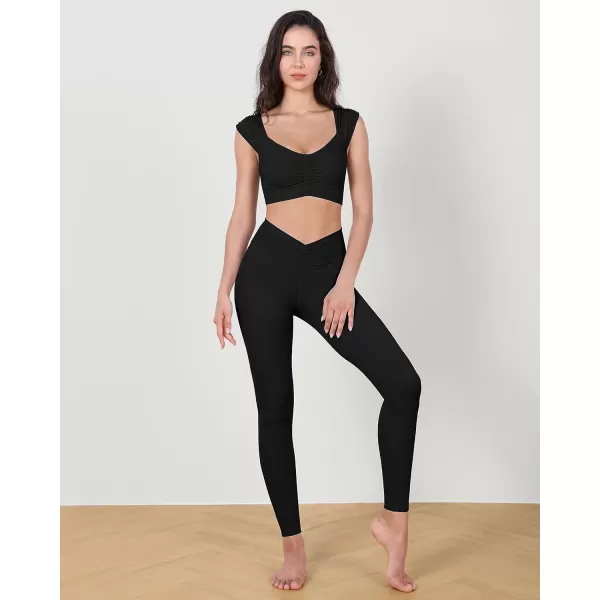 ODODOS Ruched Front Crop Tank for Women VNeck Cut Out Back Cap Sleeve Cropped TopsBlack
