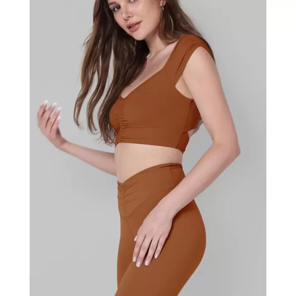 ODODOS Ruched Front Crop Tank for Women VNeck Cut Out Back Cap Sleeve Cropped TopsCaramel