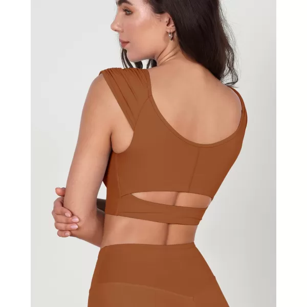 ODODOS Ruched Front Crop Tank for Women VNeck Cut Out Back Cap Sleeve Cropped TopsCaramel