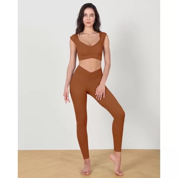 ODODOS Ruched Front Crop Tank for Women VNeck Cut Out Back Cap Sleeve Cropped TopsCaramel