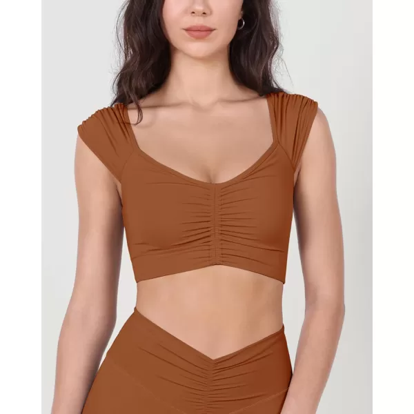 ODODOS Ruched Front Crop Tank for Women VNeck Cut Out Back Cap Sleeve Cropped TopsCaramel