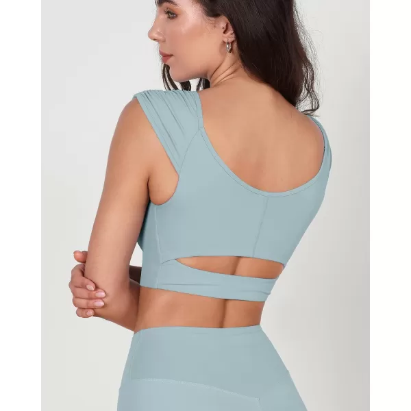 ODODOS Ruched Front Crop Tank for Women VNeck Cut Out Back Cap Sleeve Cropped TopsChambray