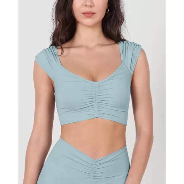 ODODOS Ruched Front Crop Tank for Women VNeck Cut Out Back Cap Sleeve Cropped TopsChambray