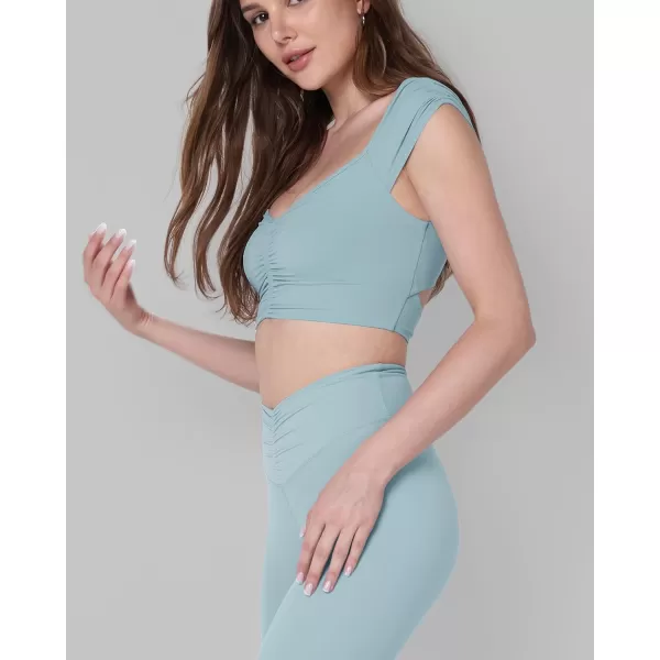 ODODOS Ruched Front Crop Tank for Women VNeck Cut Out Back Cap Sleeve Cropped TopsChambray