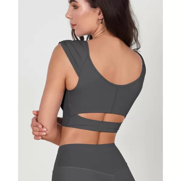 ODODOS Ruched Front Crop Tank for Women VNeck Cut Out Back Cap Sleeve Cropped TopsCharcoal