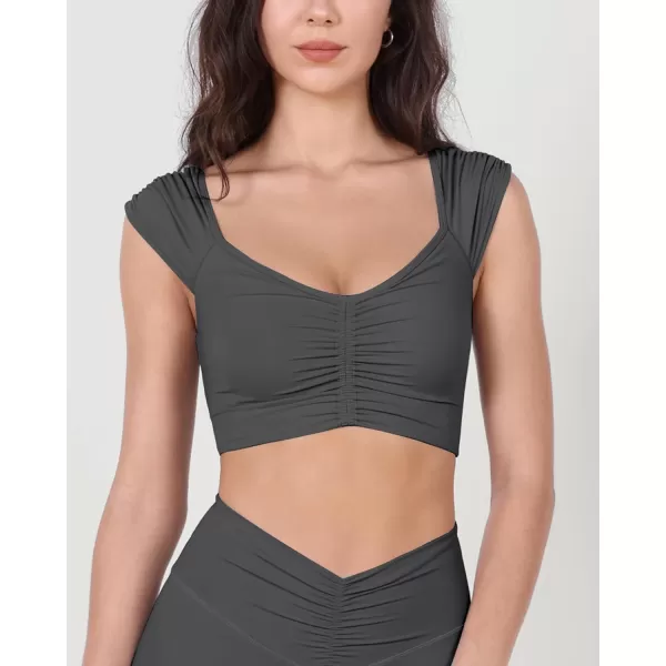 ODODOS Ruched Front Crop Tank for Women VNeck Cut Out Back Cap Sleeve Cropped TopsCharcoal