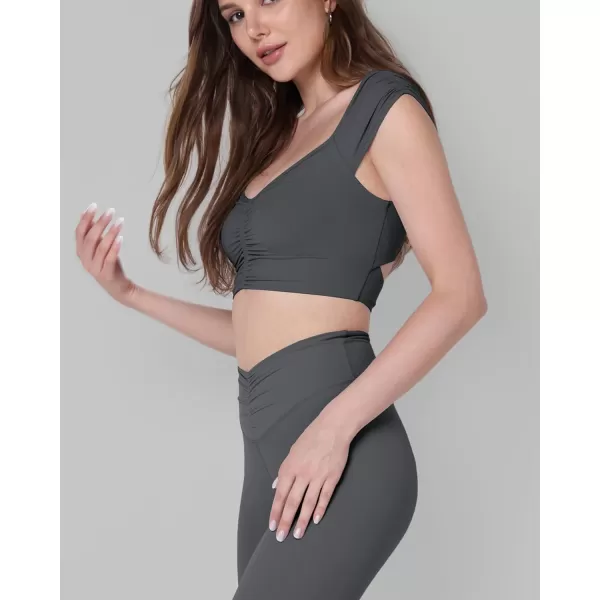 ODODOS Ruched Front Crop Tank for Women VNeck Cut Out Back Cap Sleeve Cropped TopsCharcoal
