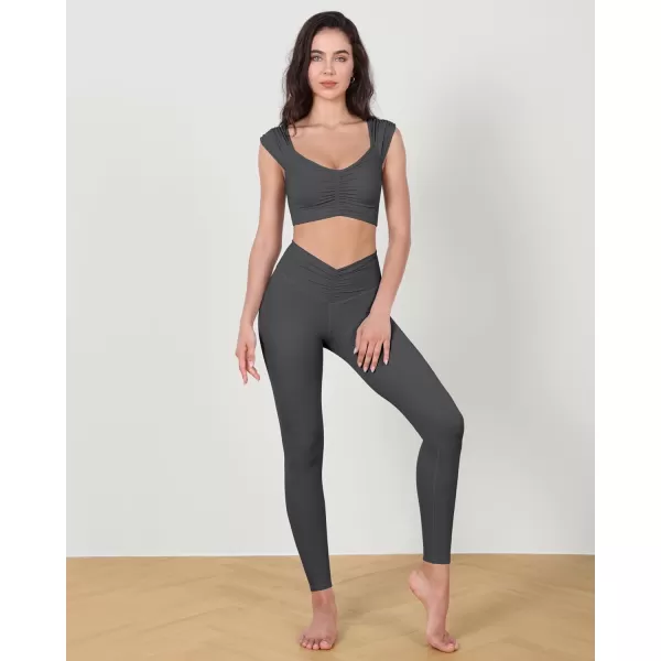 ODODOS Ruched Front Crop Tank for Women VNeck Cut Out Back Cap Sleeve Cropped TopsCharcoal