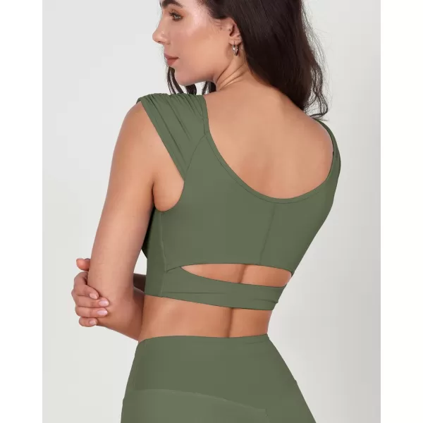 ODODOS Ruched Front Crop Tank for Women VNeck Cut Out Back Cap Sleeve Cropped TopsDark Olive