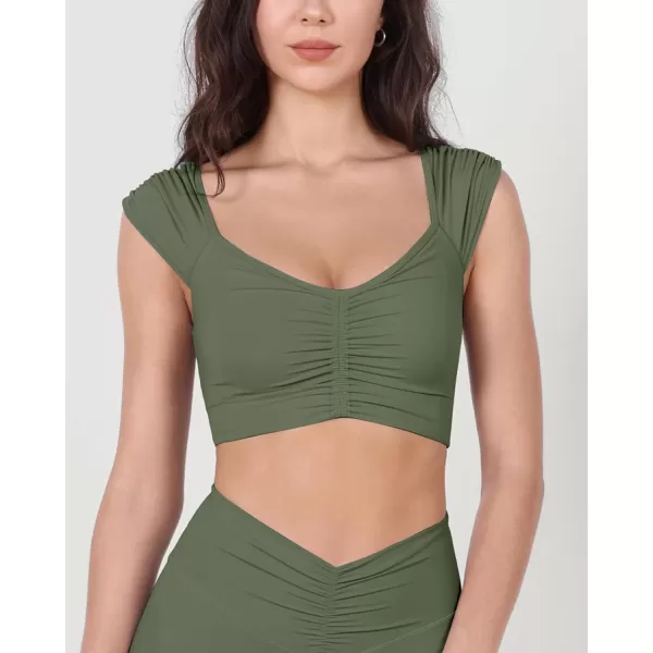 ODODOS Ruched Front Crop Tank for Women VNeck Cut Out Back Cap Sleeve Cropped TopsDark Olive