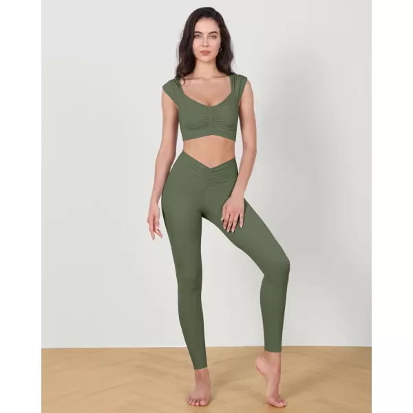 ODODOS Ruched Front Crop Tank for Women VNeck Cut Out Back Cap Sleeve Cropped TopsDark Olive
