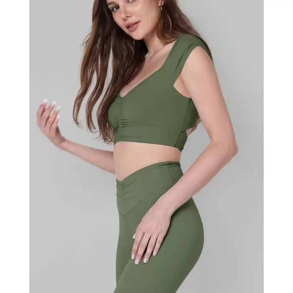 ODODOS Ruched Front Crop Tank for Women VNeck Cut Out Back Cap Sleeve Cropped TopsDark Olive