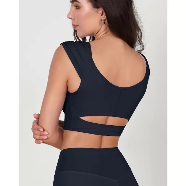 ODODOS Ruched Front Crop Tank for Women VNeck Cut Out Back Cap Sleeve Cropped TopsDeep Navy