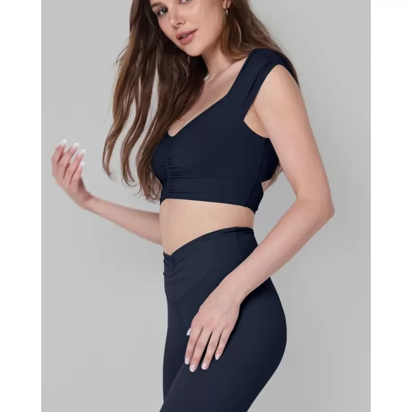 ODODOS Ruched Front Crop Tank for Women VNeck Cut Out Back Cap Sleeve Cropped TopsDeep Navy