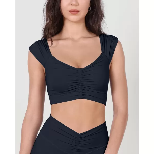 ODODOS Ruched Front Crop Tank for Women VNeck Cut Out Back Cap Sleeve Cropped TopsDeep Navy