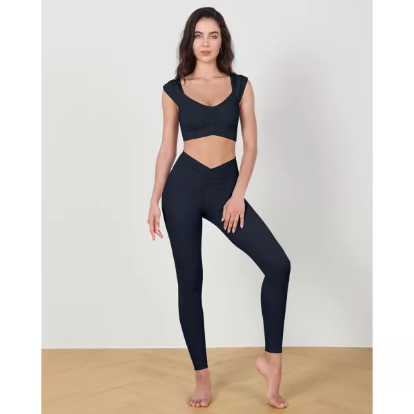 ODODOS Ruched Front Crop Tank for Women VNeck Cut Out Back Cap Sleeve Cropped TopsDeep Navy