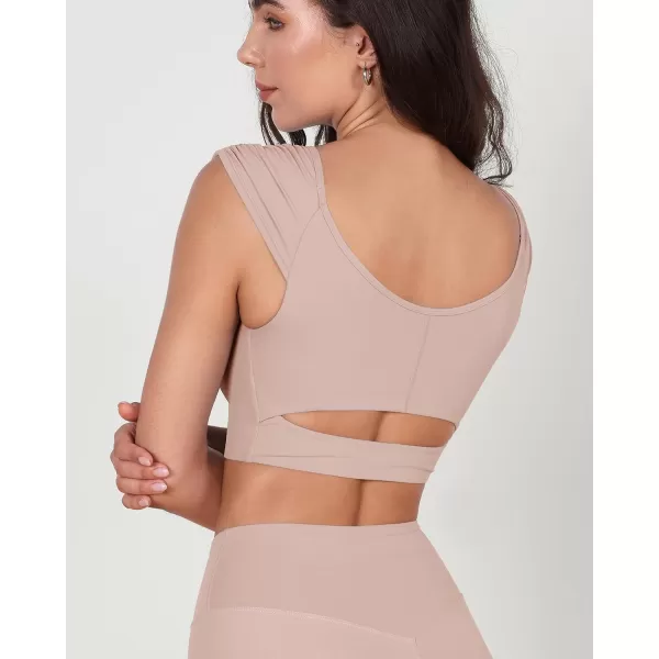 ODODOS Ruched Front Crop Tank for Women VNeck Cut Out Back Cap Sleeve Cropped TopsDusty Pink