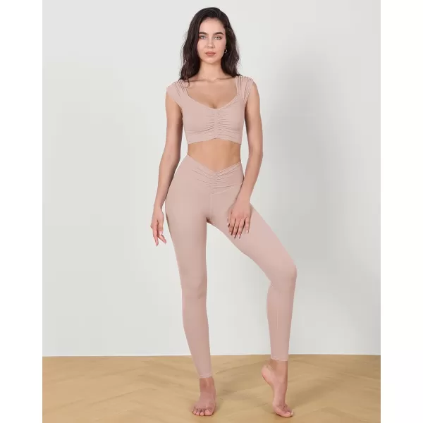 ODODOS Ruched Front Crop Tank for Women VNeck Cut Out Back Cap Sleeve Cropped TopsDusty Pink