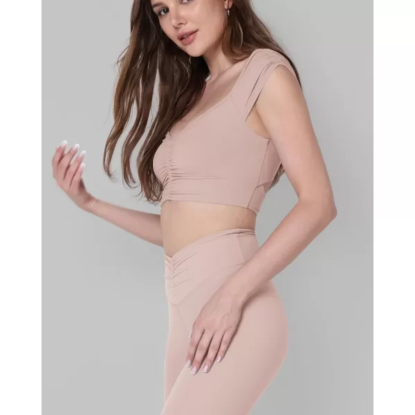 ODODOS Ruched Front Crop Tank for Women VNeck Cut Out Back Cap Sleeve Cropped TopsDusty Pink