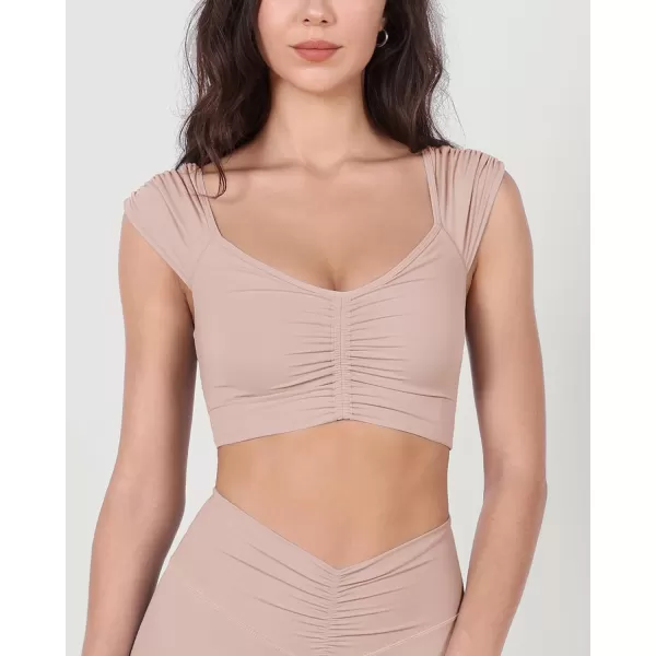 ODODOS Ruched Front Crop Tank for Women VNeck Cut Out Back Cap Sleeve Cropped TopsDusty Pink