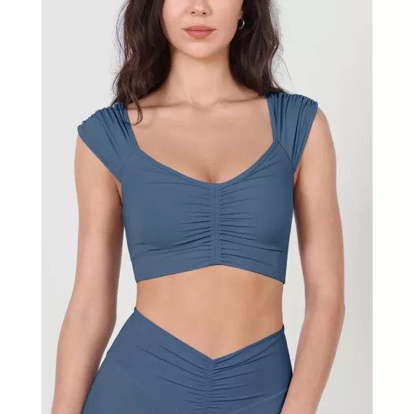 ODODOS Ruched Front Crop Tank for Women VNeck Cut Out Back Cap Sleeve Cropped TopsInk Blue