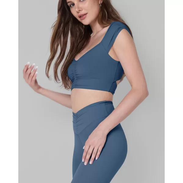 ODODOS Ruched Front Crop Tank for Women VNeck Cut Out Back Cap Sleeve Cropped TopsInk Blue