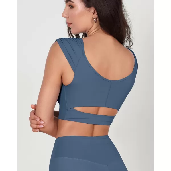 ODODOS Ruched Front Crop Tank for Women VNeck Cut Out Back Cap Sleeve Cropped TopsInk Blue