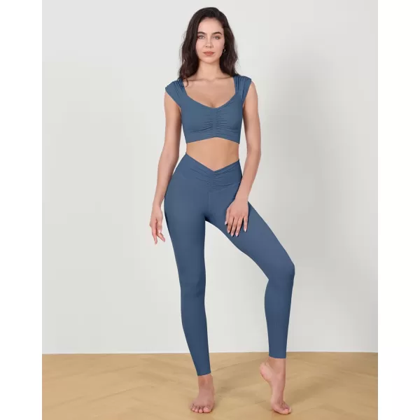 ODODOS Ruched Front Crop Tank for Women VNeck Cut Out Back Cap Sleeve Cropped TopsInk Blue