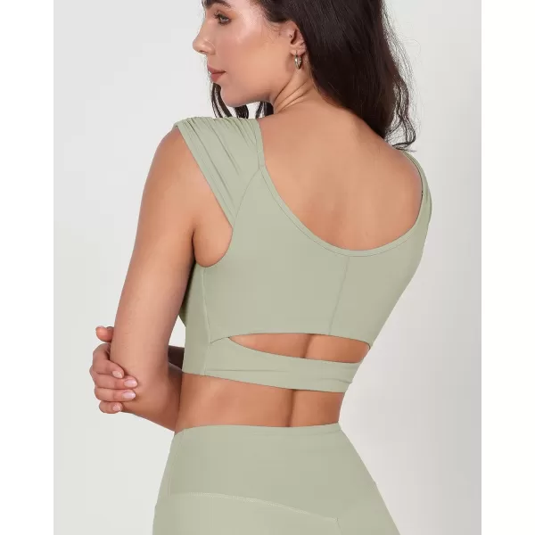 ODODOS Ruched Front Crop Tank for Women VNeck Cut Out Back Cap Sleeve Cropped TopsLime Stone
