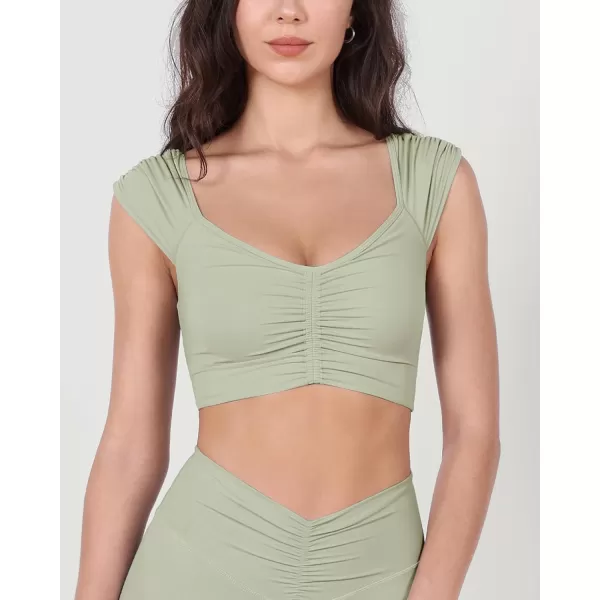 ODODOS Ruched Front Crop Tank for Women VNeck Cut Out Back Cap Sleeve Cropped TopsLime Stone