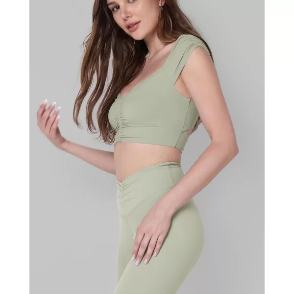 ODODOS Ruched Front Crop Tank for Women VNeck Cut Out Back Cap Sleeve Cropped TopsLime Stone