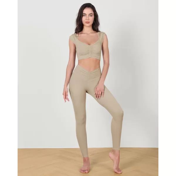 ODODOS Ruched Front Crop Tank for Women VNeck Cut Out Back Cap Sleeve Cropped TopsShaker Beige