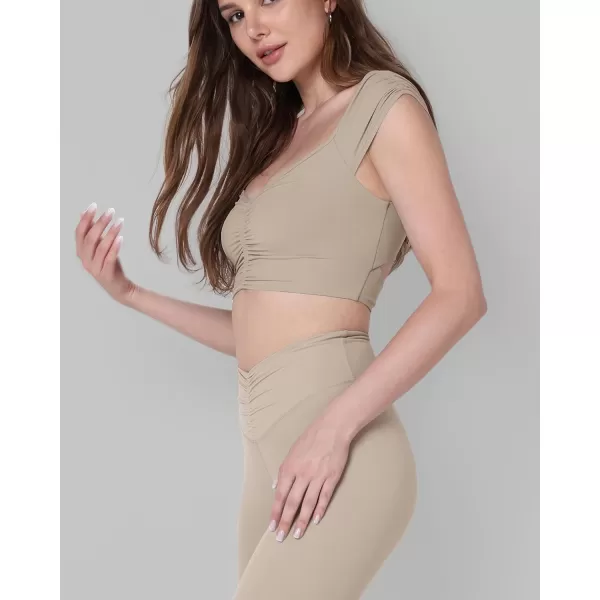 ODODOS Ruched Front Crop Tank for Women VNeck Cut Out Back Cap Sleeve Cropped TopsShaker Beige