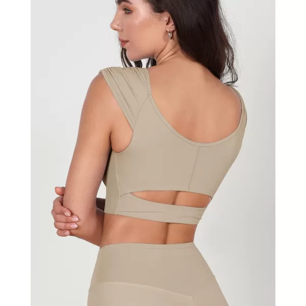 ODODOS Ruched Front Crop Tank for Women VNeck Cut Out Back Cap Sleeve Cropped TopsShaker Beige
