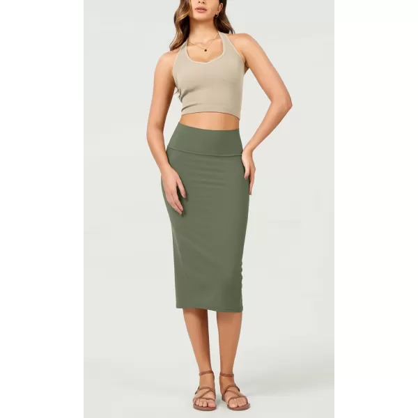 ODODOS Womens Cloud Feeling Midi Skirt High Waist Back Slit Bodycon SlimFit Pencil SkirtsDark Olive
