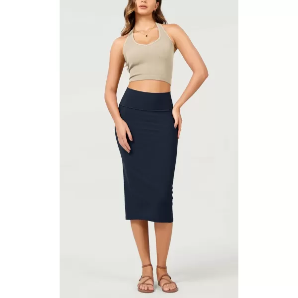 ODODOS Womens Cloud Feeling Midi Skirt High Waist Back Slit Bodycon SlimFit Pencil SkirtsDeep Navy