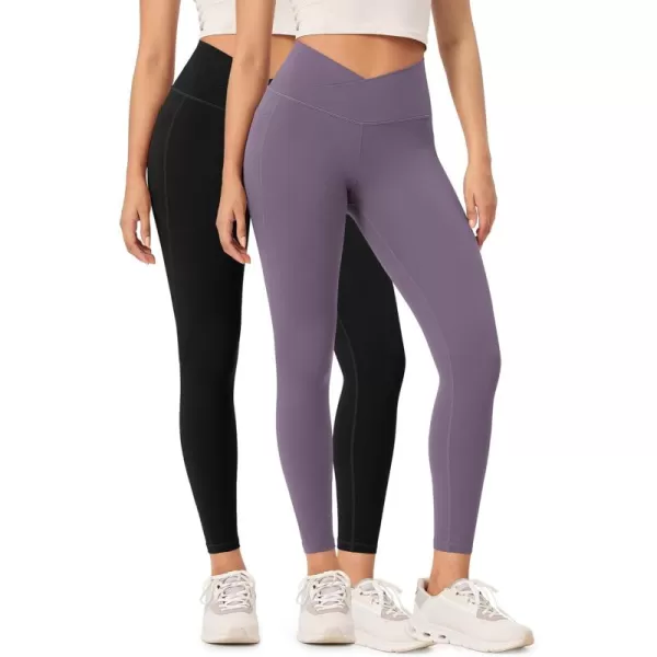 ODODOS 2 Pack Buttery Soft Cross Waist Leggings with Pockets for Women ODCLOUD 25quot  28quot Crossover Lounge Yoga PantsBlackash Violet