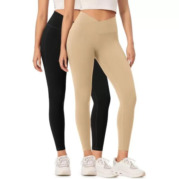 ODODOS 2 Pack Buttery Soft Cross Waist Leggings with Pockets for Women ODCLOUD 25quot  28quot Crossover Lounge Yoga PantsBlackbeige