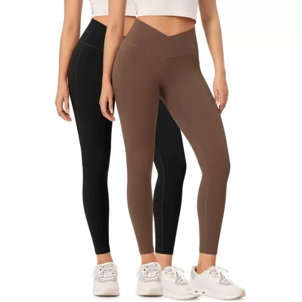 ODODOS 2 Pack Buttery Soft Cross Waist Leggings with Pockets for Women ODCLOUD 25quot  28quot Crossover Lounge Yoga PantsBlackbrunette