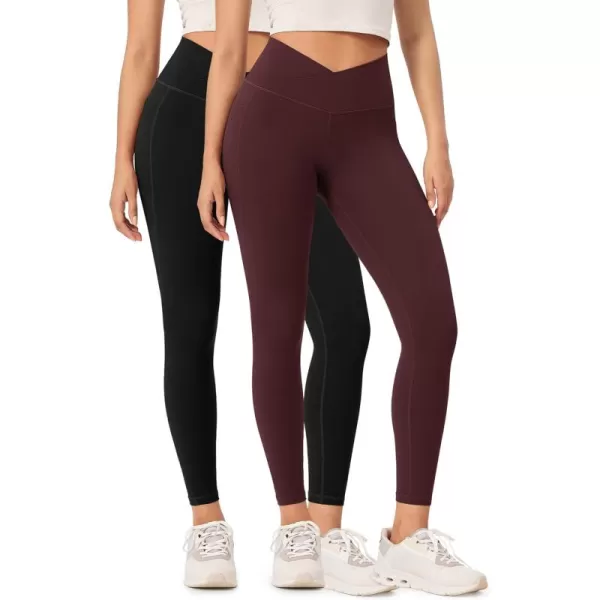 ODODOS 2 Pack Buttery Soft Cross Waist Leggings with Pockets for Women ODCLOUD 25quot  28quot Crossover Lounge Yoga PantsBlackburgundy
