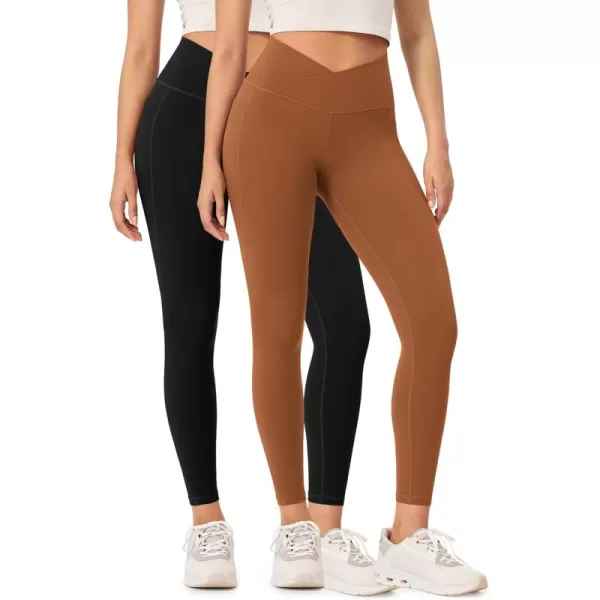 ODODOS 2 Pack Buttery Soft Cross Waist Leggings with Pockets for Women ODCLOUD 25quot  28quot Crossover Lounge Yoga PantsBlackcaramel