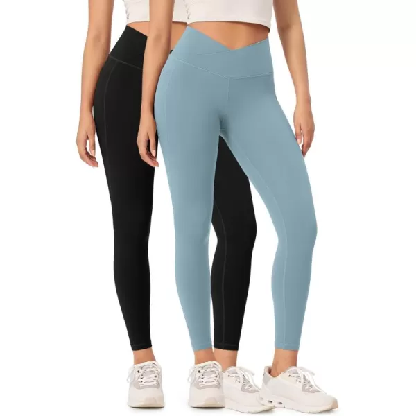 ODODOS 2 Pack Buttery Soft Cross Waist Leggings with Pockets for Women ODCLOUD 25quot  28quot Crossover Lounge Yoga PantsBlackchambray