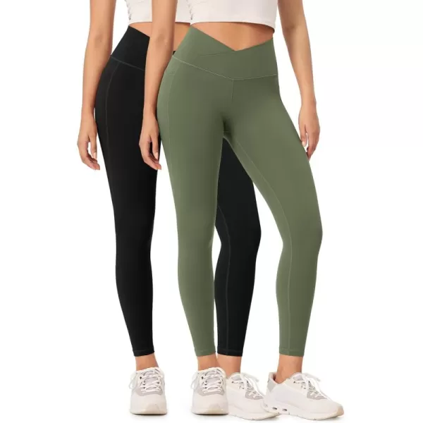 ODODOS 2 Pack Buttery Soft Cross Waist Leggings with Pockets for Women ODCLOUD 25quot  28quot Crossover Lounge Yoga PantsBlackdark Olive