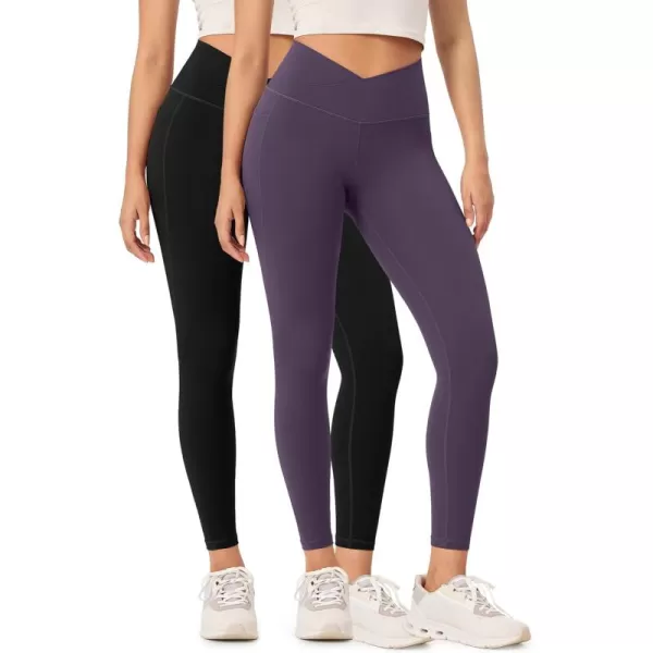 ODODOS 2 Pack Buttery Soft Cross Waist Leggings with Pockets for Women ODCLOUD 25quot  28quot Crossover Lounge Yoga PantsBlackdark Purple