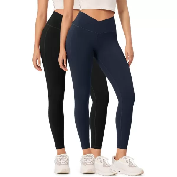 ODODOS 2 Pack Buttery Soft Cross Waist Leggings with Pockets for Women ODCLOUD 25quot  28quot Crossover Lounge Yoga PantsBlackdeep Navy