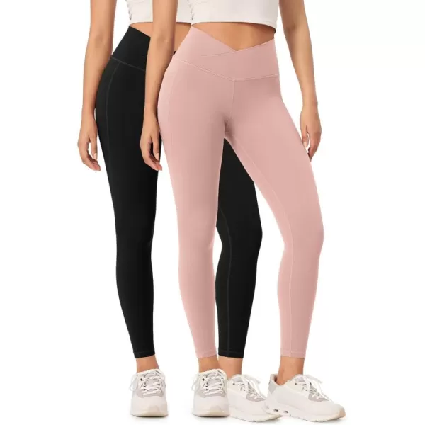ODODOS 2 Pack Buttery Soft Cross Waist Leggings with Pockets for Women ODCLOUD 25quot  28quot Crossover Lounge Yoga PantsBlackdusty Pink