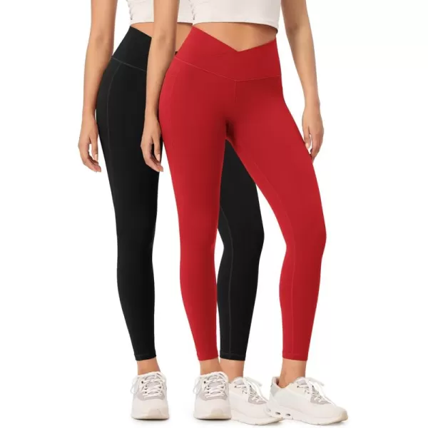 ODODOS 2 Pack Buttery Soft Cross Waist Leggings with Pockets for Women ODCLOUD 25quot  28quot Crossover Lounge Yoga PantsBlackred